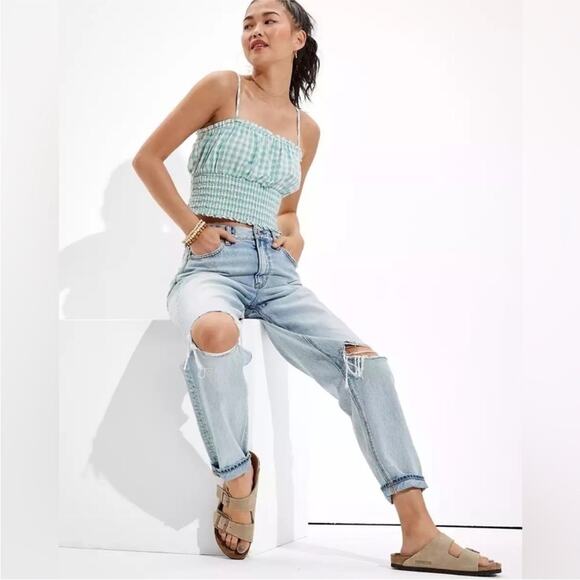 American Eagle Turquoise Gingham Cotton Linen Smocked Cami Cropped Top XL - Picture 1 of 9